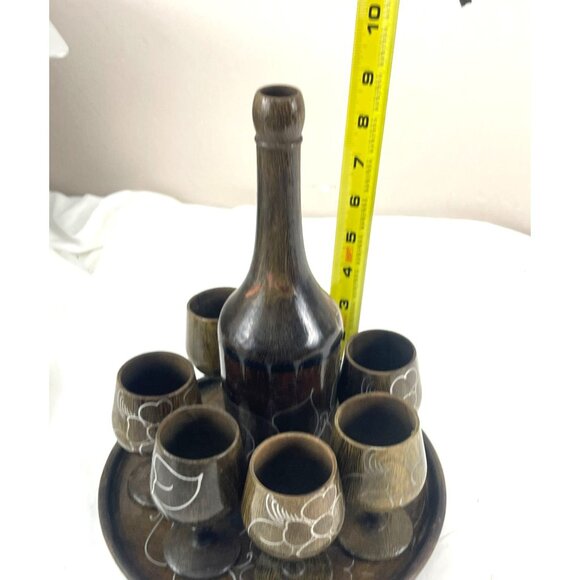Handcrafted Wooden MCM Hand Turned Decanter Set With 6 Floral Etched Goblets & R - Picture 12 of 12